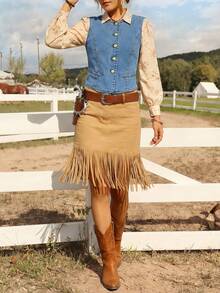 Women's Elegant Sleeveless Simple Denim Shirt - Light Wash - View 3