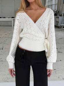 2025 Autumn/Winter Wrap Tie Knit Sweater, White, Women's Essential For Home, Commute, Date, Travel, Suitable For Various Occasions, Light Gray - Apricot - View 7