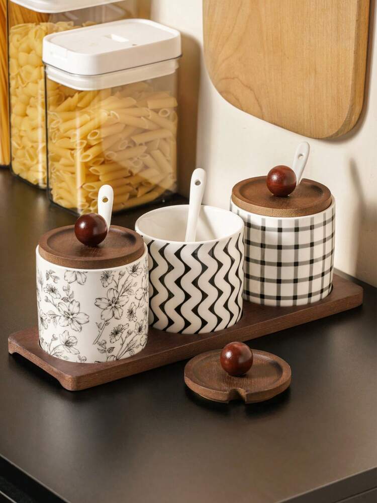 DearDali Airtight Moisture-Proof Ceramic Spice Jars With Wooden Lids, Nordic Retro Black & White Plaid / Wave / Floral Pattern Cylinder Spice Containers, Eid Gift, Suitable For Kitchen Countertop Decor, Gift For Mom, Kitchen Supplies - Multicolor - View 8
