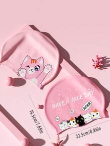 1顶硅胶学生青少年防滑泳帽，可爱卡通猫咪图案，简约粉色系列，速干气质帽 - 多色 - 查看 9