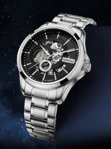 1 pieza Reloj automático mecánico de esqueleto para hombre, correa de acero inoxidable, resistente al agua 30M, reloj de pulsera casual de negocios, cristal recubierto FW-6140 - Unitalla - Ver 5