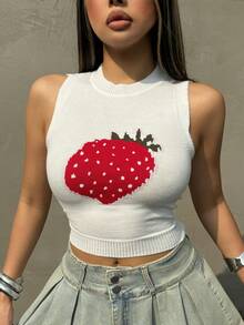 Women's Y2K Strawberry Pattern Ribbed Knit Cropped Tank Top, Cute Retro Summer Casual Wear, Suitable For Rave Festivals And Daily Outings White - White - View 3