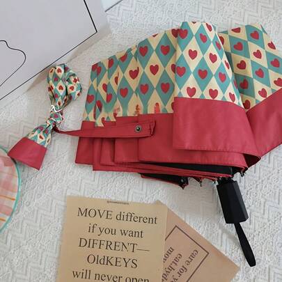 Women's Retro Floral Heart Pattern Folding Umbrella - Fashionable Rust Red Dual-Use Sunshade & Rain Umbrella With UV Protection, 8-Rib Foldable Design, Durable 190T Canopy, Lightweight Handle, Suitable For Travel, Beach, Wedding And Gift