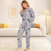 ¡Recomendado2 Piezas Pijama con Estampado Mujer, Algodon Manga Larga y Pantalones con Bolsillo Conjunto de Pijama, Casual Ropa de Dormir¡Top de Temporada - Negro - Ver 4