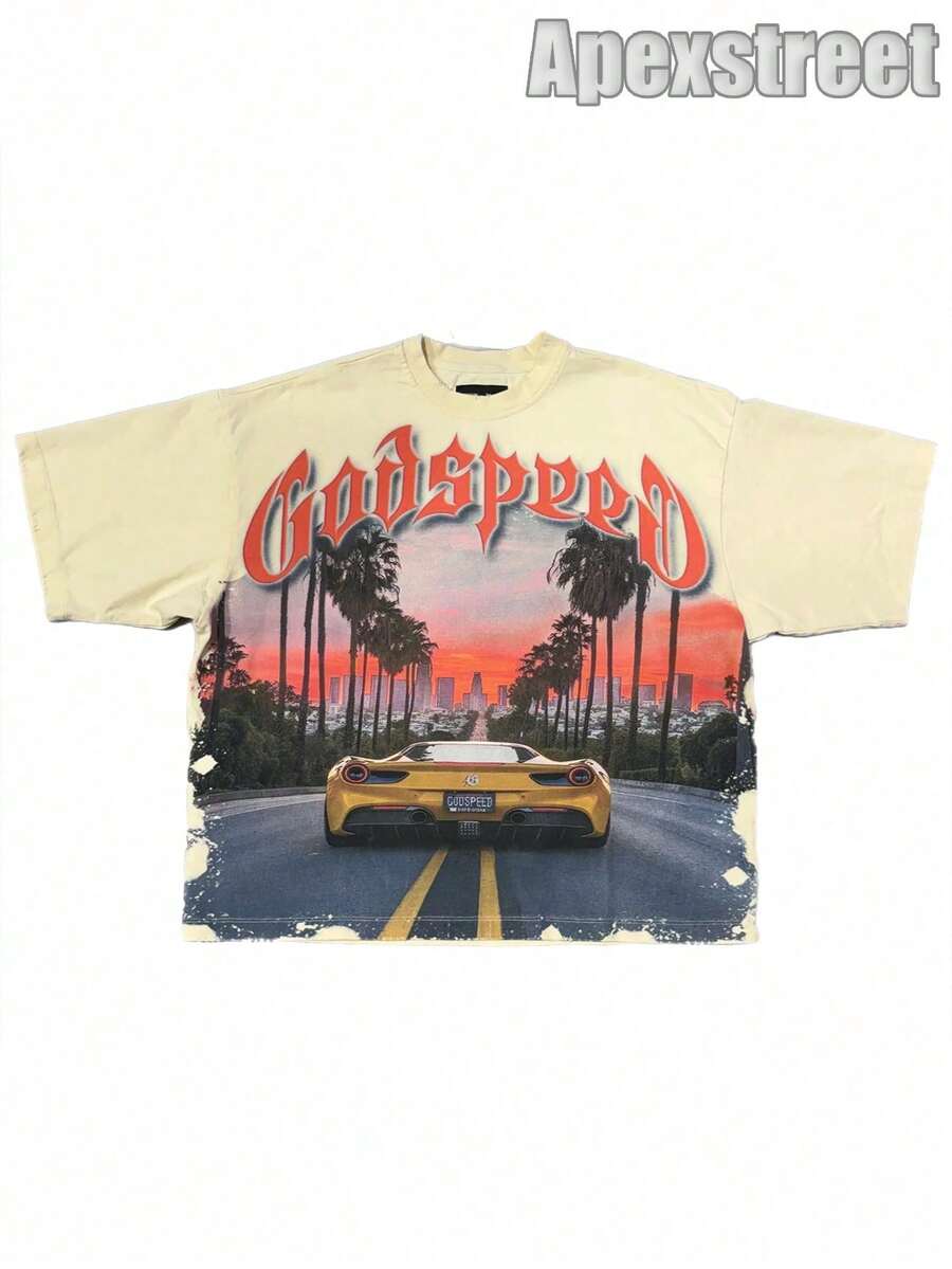 Godspeed Tee  "Orange Sunset", 100% Cotton Printed T-Shirt, High Quality Thick Heavyweight, New Autumn Fashion For Men, Premium Cotton Fabric, Suitable For Street Style, Machine Washable, Daily Gift - 杏色6 - 查看 1