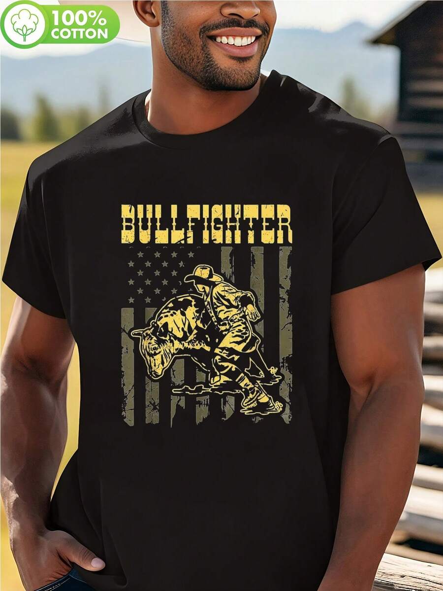 Camiseta Negra con Diseño de Torero para Hombre - Cómoda Camiseta de Cuello Redondo 100% Algodón con Bandera Americana; Diseño Mattock. Perfecto para uso casual. Senderismo. y Actividades al Aire Libre - Negro - Ver 1
