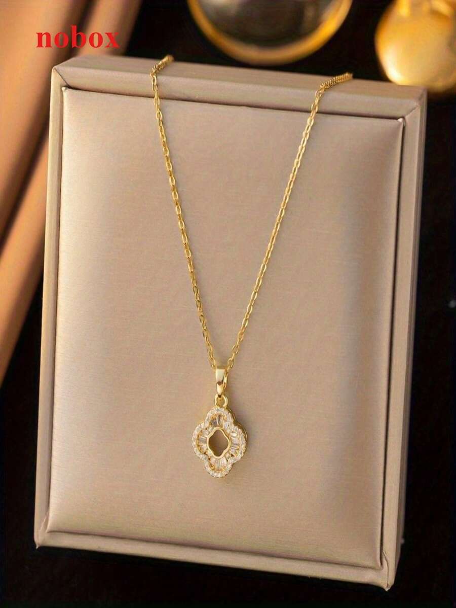 1件金色不锈钢链镀金镂空四叶草吊坠项链，创意个性化设计，奢华复古男女通用简约时尚百搭项链，适合日常、派对、节日佩戴（OPP袋包装） - 金色 - 查看 1