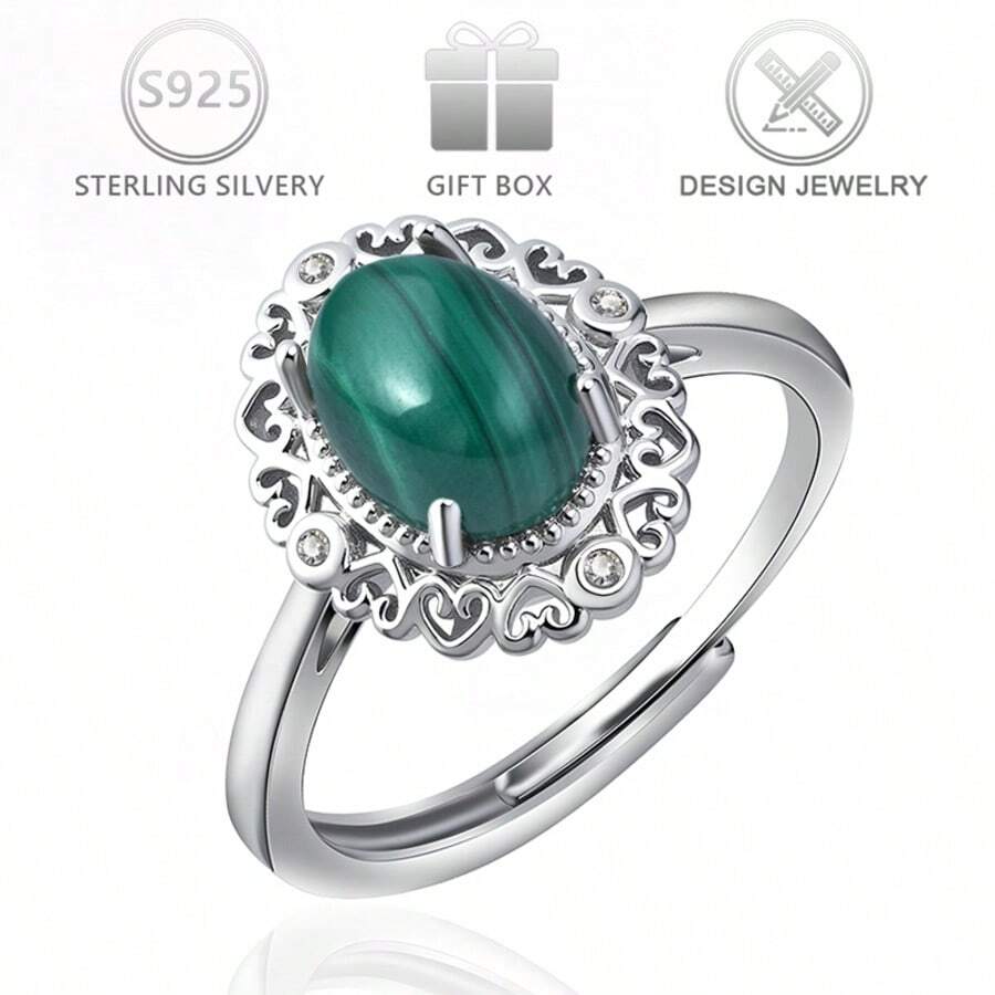 1 pieza Anillo ajustable elegante plateado en plata 925 con turquesa falsa y circonita cúbica, adecuado para uso diario, casual, de fiesta, regalo para vacaciones - Plateado - Ver 1