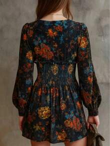 Womens Boho Vintage Floral A Line Short Dress Deep V Neck Long Bishop Sleeve Casual Party Dress With Shirred Details - màu đen - Xem 4