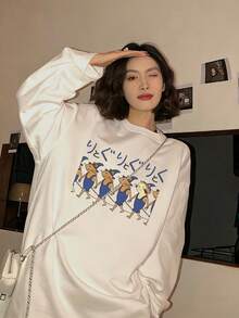 Y2k, 200g 100% Cotton T-Shirt, 2026 Women's Spring/Autumn Cartoon Print Long Sleeve Fun T-Shirt, Couple Style, Innerwear/Outerwear, Office Casual Round Neck Pullover Top - White [Best/Funny T-shirt] - View 2