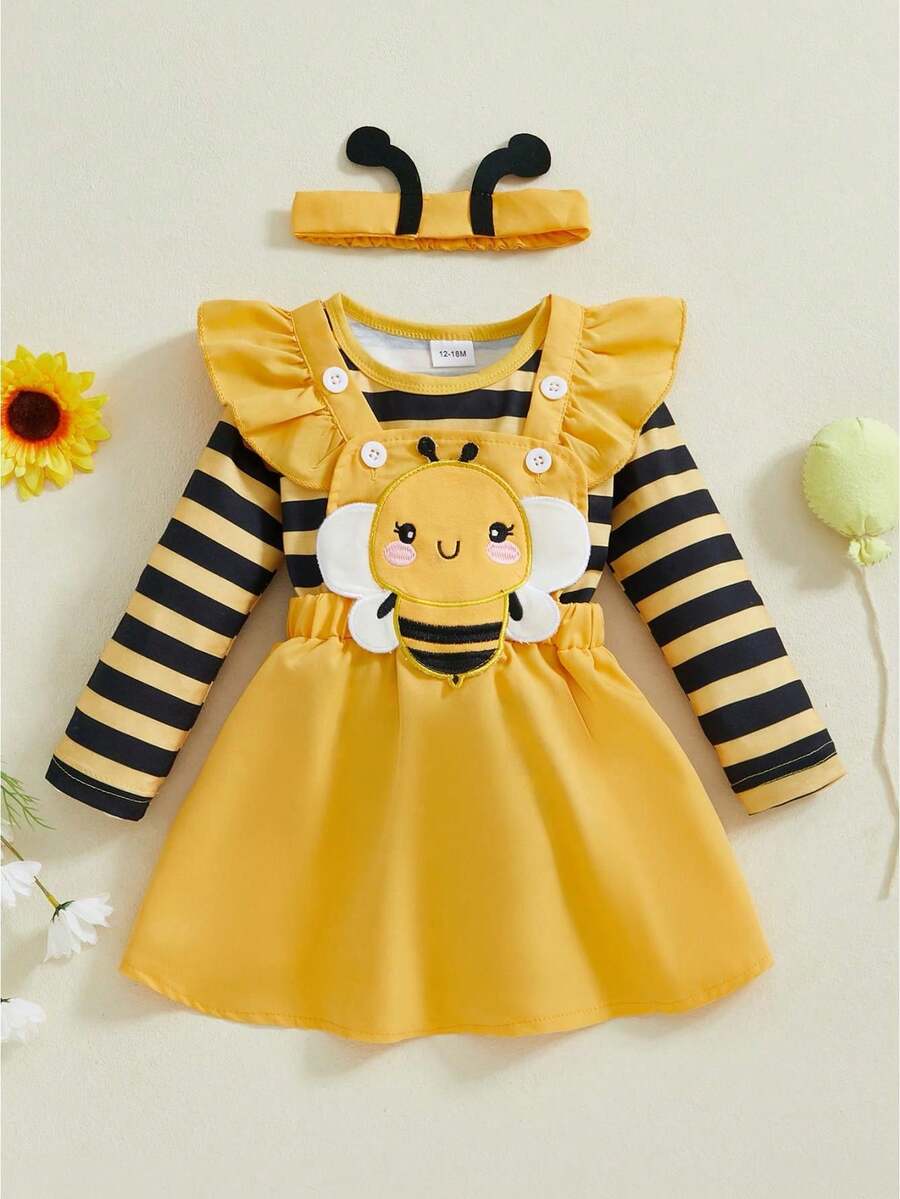 Conjuntos de falda de otoño para niñas pequeñas, mono con mangas voladoras, vestido con tirantes y bordado de abeja/escarabajo, conjuntos de diadema - Amarillo - Ver 1