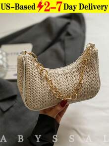 Fashionable Solid Color Woven Moon Shaped Women's Bag With Metal Chain Strap, Can Be Used As Handbag, Shoulder Bag, Tote Bag, Beach Bag, Casual Woven Bag, And Cell Phone Bag, 2026 New Woven Straw Bag - Boho Chic Crossbody & Top Handle Purse, Lightweight Raffia Beach Bag For Women,Y2K Crochet Underarm Bag 2026 -  Mini Shoulder Bag,Everyday Chic Knit Bag - Versatile Underarm & Shoulder Bag,Casual Shoulder Bag For Women,Summer Essentials, Perfect For Vacation & Holiday, Beach Purse, Perfect For Summer, Vacation & Daily Use, Travel Must Haves, Suitable As Birthday Valentine's Day Thanksgiving Halloween Gift For Mom Wife Girlfriend Friend [US Local Warehouse] - 彩色 - 查看 12
