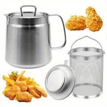 1.5L/2L Stainless Steel Oil Filter Pot, Multifunctional 2 In 1 Oil Strainer Pot For Camping, Large Capacity Bacon Grease Saver With Strainer, Kitchen Cooking Oil Container, Mini Deep Fryer With Basket - 2L - View 2