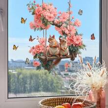 1片装迷人松鼠秋千枝窗贴 | 花枝松鼠蝴蝶图案设计，PVC材质 | 自粘可移除，适用于装饰客厅和卧室的门窗，一次性使用 - A - 查看 2