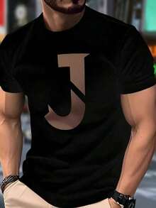 Camiseta Masculina de Gola Redonda Estampada com 'J' , Moda Masculina com Estampa de 'J' , Camiseta Casual De Manga Curta, Promoção Blusa Masculina, Conforto para Todas as Estações - Preto - Visão 2