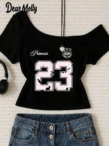 DEAR MOLLY Retro Numeric Pattern Sexy Asymmetrical Shoulder T-Shirt, Women Casual Slash Neck Tight Crop Top, Suitable For Summer Wear - Black - View 1