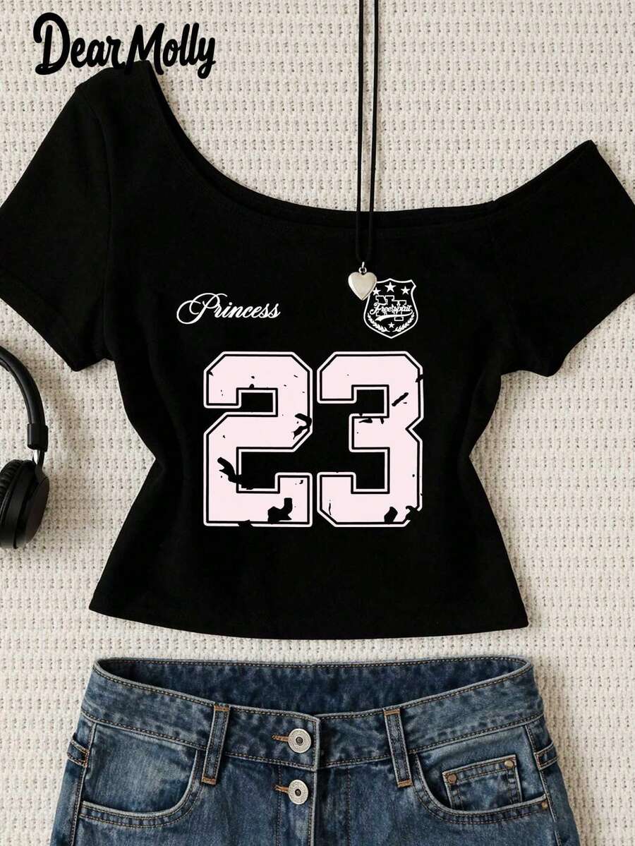 DEAR MOLLY Retro Numeric Pattern Sexy Asymmetrical Shoulder T-Shirt, Women Casual Slash Neck Tight Crop Top, Suitable For Summer Wear - Black - View 1