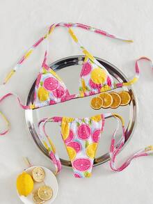 QKJ 女士粉黄柑橘印花比基尼套装，三角挂脖滑动罩杯比基尼上衣，宽侧系带比基尼下装，低腰高衩，可爱夏季沙滩度假泳装 - 粉色 - 查看 1