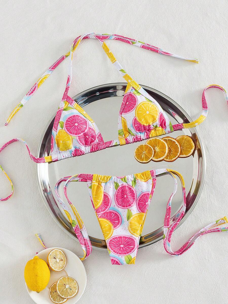 QKJ 女士粉黄柑橘印花比基尼套装，三角挂脖滑动罩杯比基尼上衣，宽侧系带比基尼下装，低腰高衩，可爱夏季沙滩度假泳装 - 粉色 - 查看 1