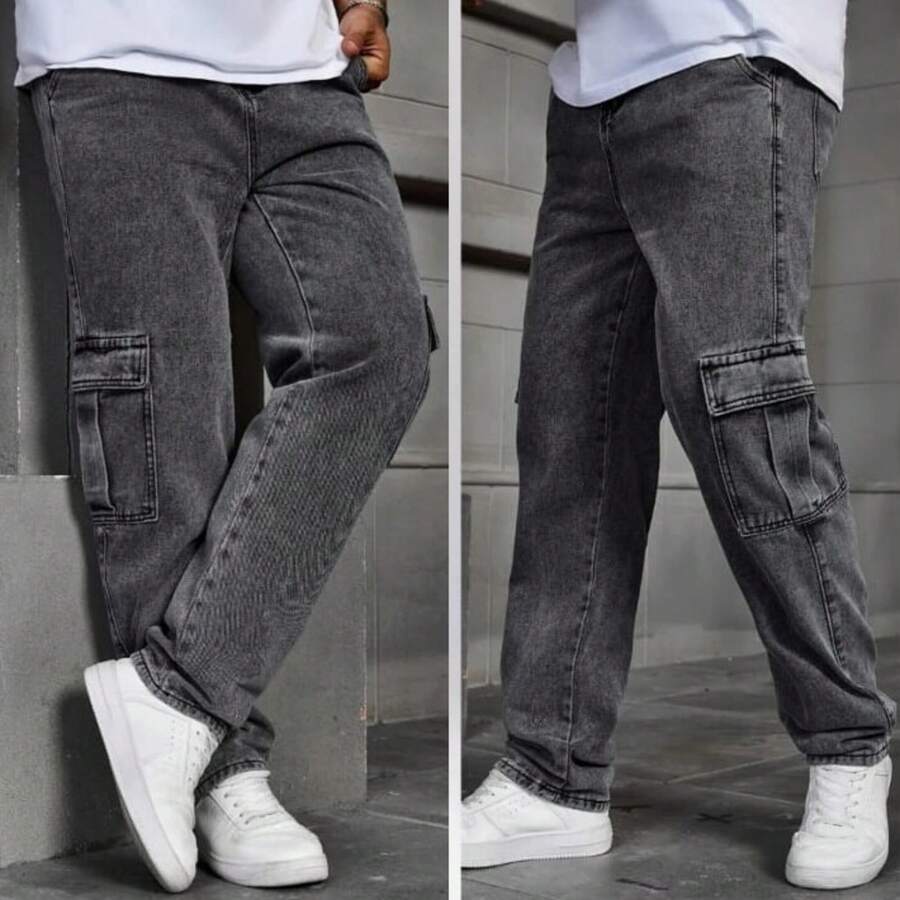 Men's Cargo Jeans With Lycra With Pockets, Elastic Waist - 燧石 - 查看 1