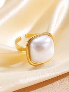 7/3/1件(S) 时尚金色几何不锈钢仿珍珠戒指，可叠戴宽边戒指，适合女性日常佩戴，礼品配饰 - 金色 - 查看 8
