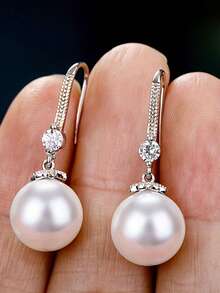1對白色人造珍珠吊式吊墜女式耳環精美日常首飾優雅婚禮節日禮物 - 銀色 - 查看 3