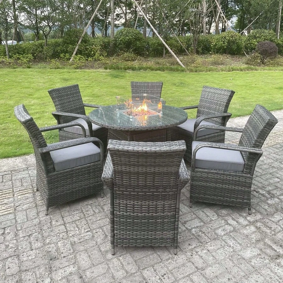 Fimous Rattan Garden Furniture Gas Fire Pit Round Dining Table Gas Heater And Dining Chairs 6 Seater - 6 張椅子 + 附火盆的大圓桌(直徑 120 公分 * 72 公分) - 查看 1