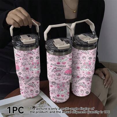 1ชิ้น/5ชิ้น แก้วกาแฟสเตนเลสเก็บอุณหภูมิ 30 ออนซ์, ลายปราสาทเจ้าหญิง & หัวใจ - องค์ประกอบโปรดของเด็กๆ, ความจุขนาดใหญ่พร้อมหูจับ, เหมาะสำหรับกาแฟหรือน้ำผลไม้, สไตล์เจ้าหญิง, ของขวัญวันวาเลนไทน์