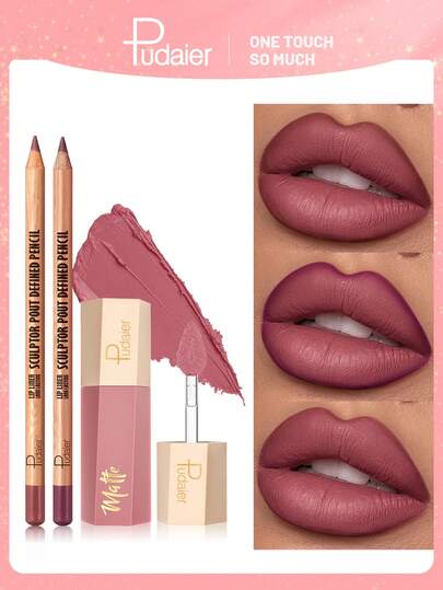 Pudaier 3 pièces Combo Crayon à lèvres mat et brillant à lèvres - Ensemble crayon à lèvres et boue à lèvres, longue tenue, imperméable, formule veloutée lisse en teintes nude et prune pour des looks quotidiens et de fête Assortiment parfait pour des lèvres impeccables, formule non-transfert