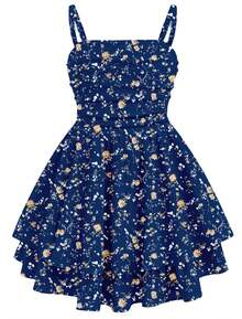 EXARUS Girls Flowy Ruffled Hem/Puff Bubble Dress Teen Ruched Summer Adjustable Spaghetti Strap Casual Cami Mini Dresses - 海軍藍小花 - 查看 1