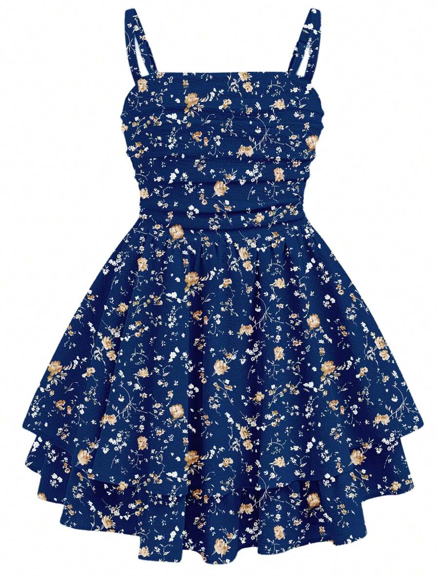 EXARUS Girls Flowy Ruffled Hem/Puff Bubble Dress Teen Ruched Summer Adjustable Spaghetti Strap Casual Cami Mini Dresses - 海軍藍小花 - 查看 1