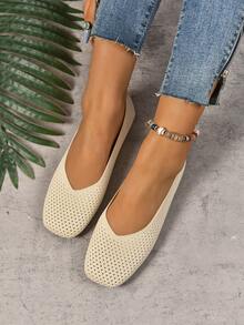 Women's Flat Loafers, Fashionable Knitted Soft Comfortable Breathable Lightweight Slip-On Flat Shoes, Minimalist Casual Elegant Square Toe Shoes - Beige - View 2