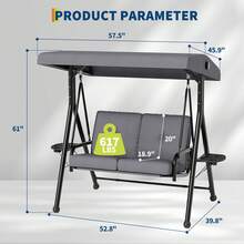 Silla Columpio 2 en 1 para Exterior - con Cojines Gruesos, Toldo Ajustable y Colector de Tazas, Marco de Acero Resistente a la Intemperie para Jardín, Terraza o Patio Trasero - gris - Ver 2