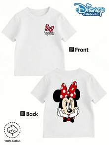Disney Girls' T-Shirt Top With Minnie Mouse Head And Bow Print, Sweet And Girly Style, Perfect For Summer Outings And Play. Round Neck Short-Sleeved Top. - 白色 - 查看 2