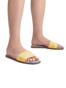 Dream Pairs Women Flat Slides Sandals Slip On Square Open Toe Jacquard Braided Fashion Slides Casual Beach Slippers Summer Vacation Shoes - 黃色 - 查看 6