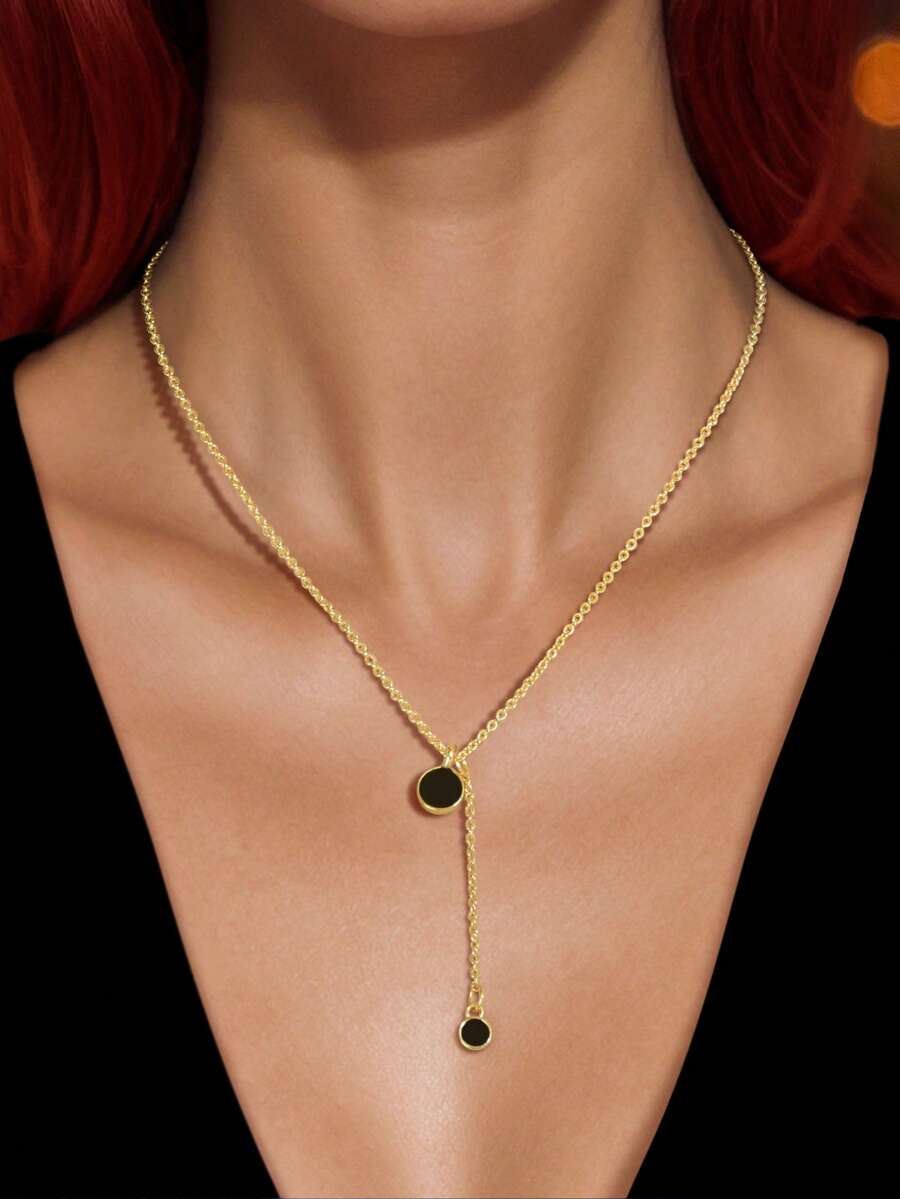 1pc New Arrival Minimalist Black Round Charm Gold Chain Pendant Y Necklace Women Party Daily Jewelry - Gold - View 1