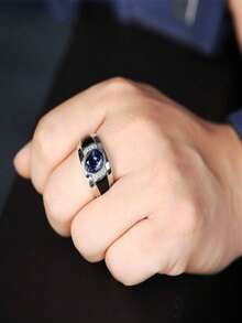 1pc Men's Elegant Luxury Blue Zirconia Stone Ring, Suitable For Wedding, Engagement, Party, Jewelry Gift - Silver - View 5