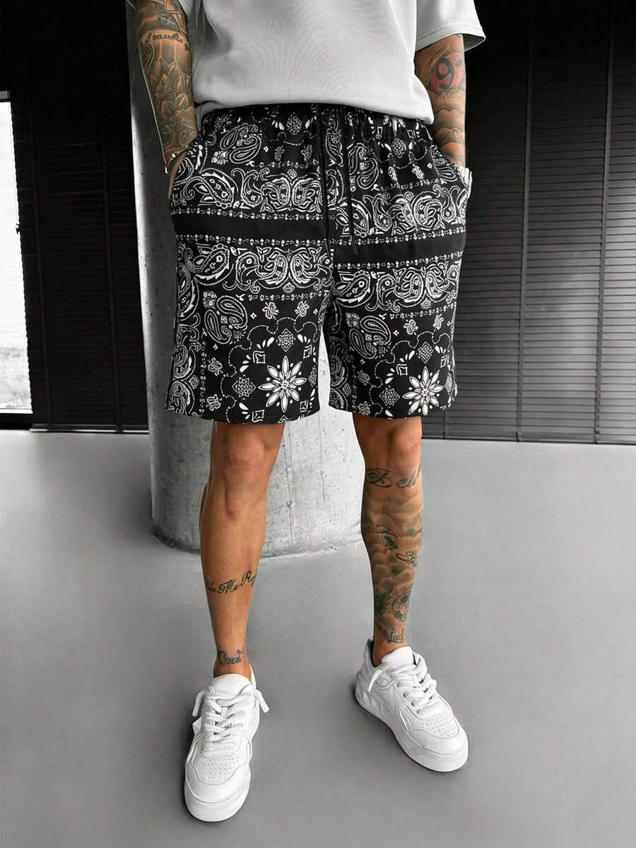 Men's Casual Fashion American Retro Bandana Patchwork Drawstring Sports Shorts,Beach Shorts - Black - View 1