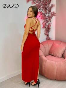 Red Suplex Long Bodycon Maxi Dress For Parties And Nights, Sexy With Side Slit - Red - View 1