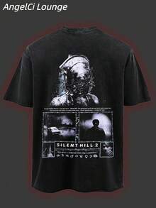 100% Pure Cotton Washed T-Shirt, "Silent Hill 2" Quotation And Thorny Helmet Back Printed Pattern, Summer Short Sleeved, Comfortable, Soft And Breathable, Versatile T-Shirt Top - màu đen - Xem 3