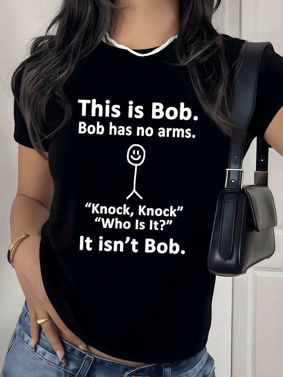 Gráfico divertido con figura de palo sonriente y texto humorístico sobre un personaje sin brazos que transmite ingenio y actitud positiva camiseta de mujer casual 220g - Negro - Ver 1