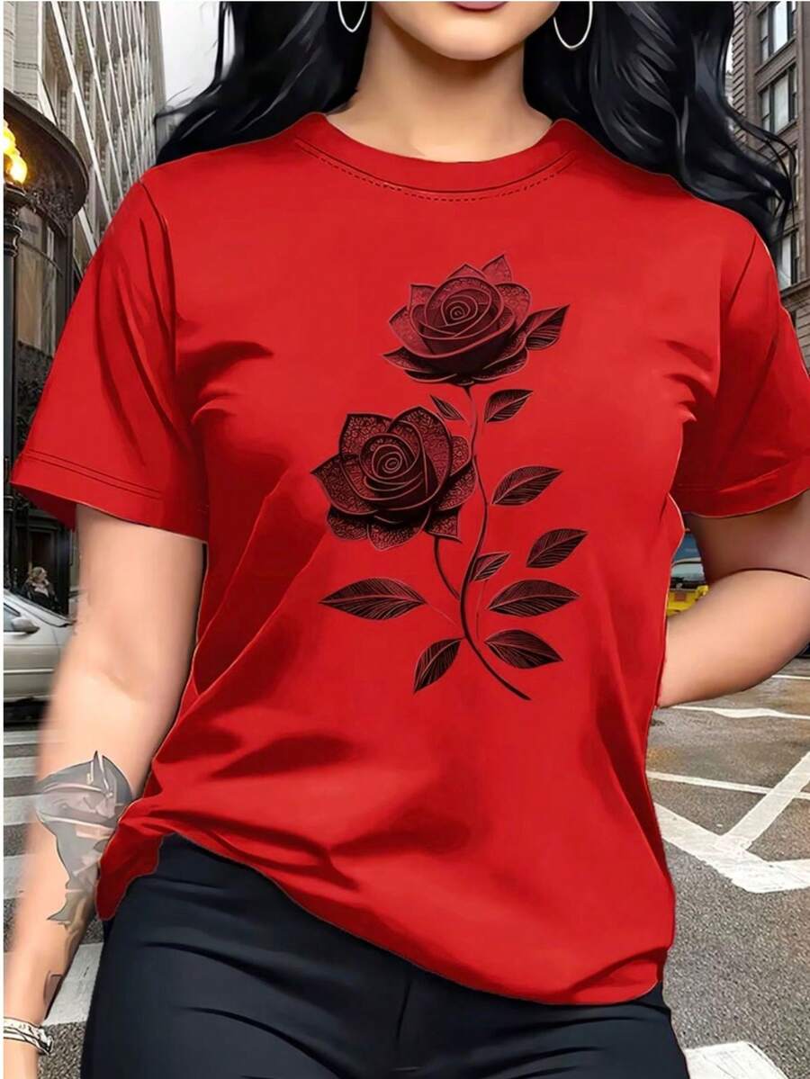 Women's Flower T-Shirt Blouse, 100% Cotton, Floral Fashion - 紅色 - 查看 1