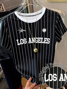 Una camiseta de manga corta para mujer con estampado de unicornio a rayas, adecuada para el uso diario en verano - Color mixto 3 - Ver 5