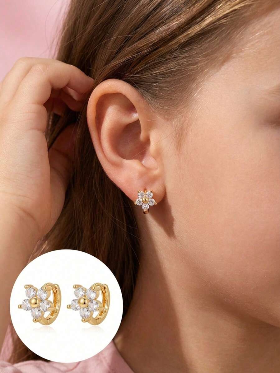 1pair Cute Gold Tone Five Petal Flower Cubic Zirconia Hoop Earrings For Girls Dainty Sparkling Jewelry For Daily Wear Party Birthday Gift - Gold - View 1