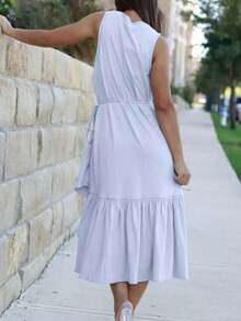 Women's V-Neck Ruffle Hem Mid-Length Dress - Asymmetric Sleeveless Casual Vacation Dress, Beach & Street Style Summer Elegant - Light Grey - View 5