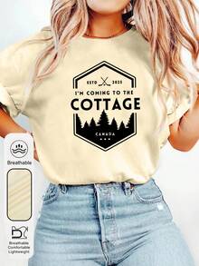 女士日常激烈比赛主题图案圆领短袖休闲夏季女式上衣，曲棍球图案女士杏色T恤 - 杏色 - 查看 2