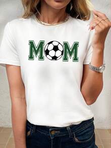 足球妈妈创意印花T恤，短袖圆领休闲上衣，适合春夏穿着，女装 白色 - 白色 - 查看 3