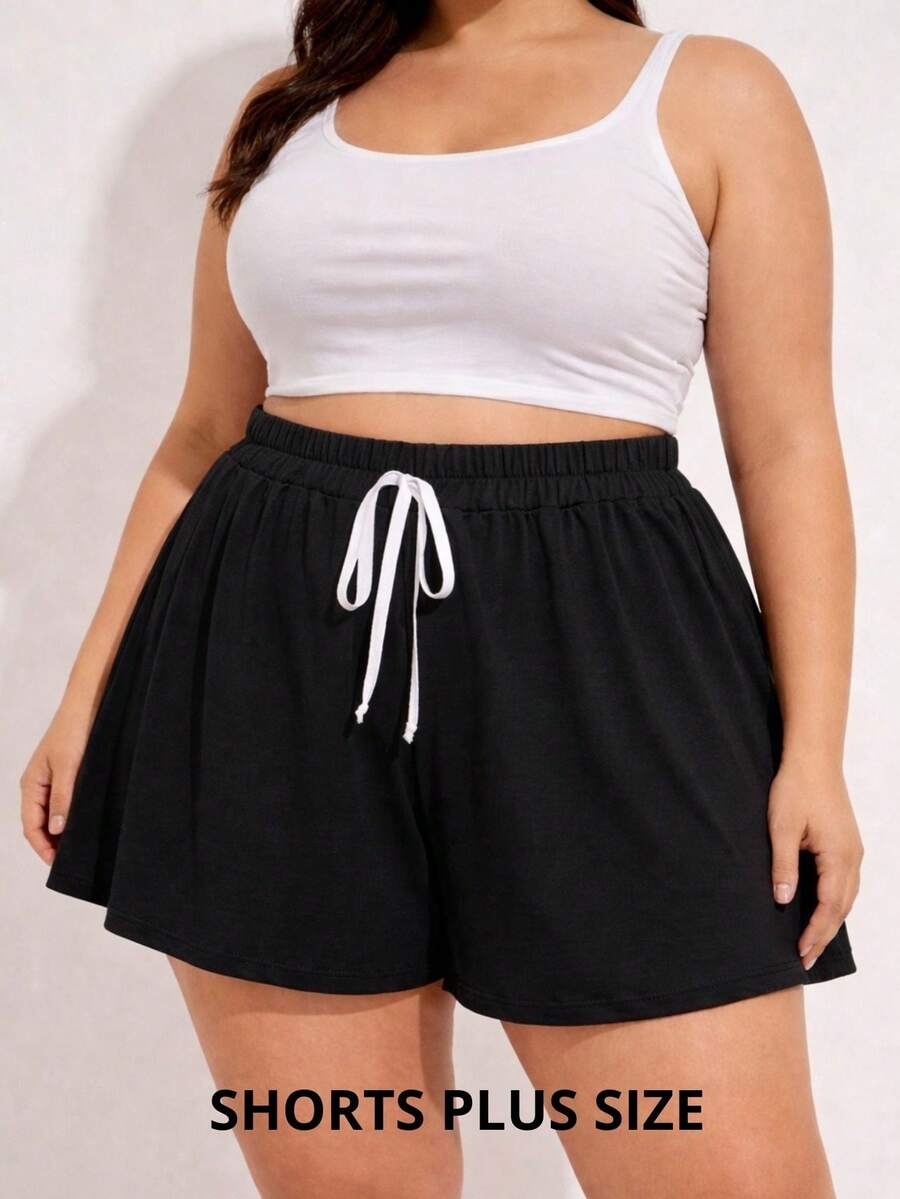 Plus Size High-Waisted Shorts With Tie - Comfortable, Casual, Summer, Carnival - 黑色 - 查看 1
