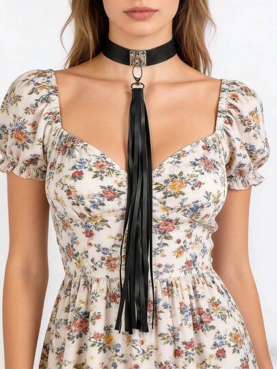 1 PC Women Sexy Lingerie Accessory Elegant Black PU Leather Tassel Choker | Boho Chic Statement Jewelry | Perfect For Floral Dresses & Romantic Outfits | Fashion Accessory