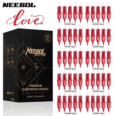  Neebol 50Pcs Mixed Tattoo Cartridge Needles - Red Series Assorted Kit (#12 Standard). Includes 3/5/7/9/11RL, 5/7/9RS, 7/9RM, 9M1 For Rotary Tattoo Machines, Suitable For Tattoo Gun Machine Kit, Tattoo Supplies And Equipment, Body Art Makeup Gift Beginners And Artists